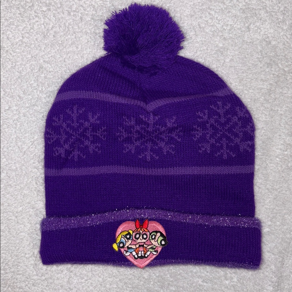Vintage Cartoon Network powerpuff girls Purple Knit Beanie with Cartoon Patch